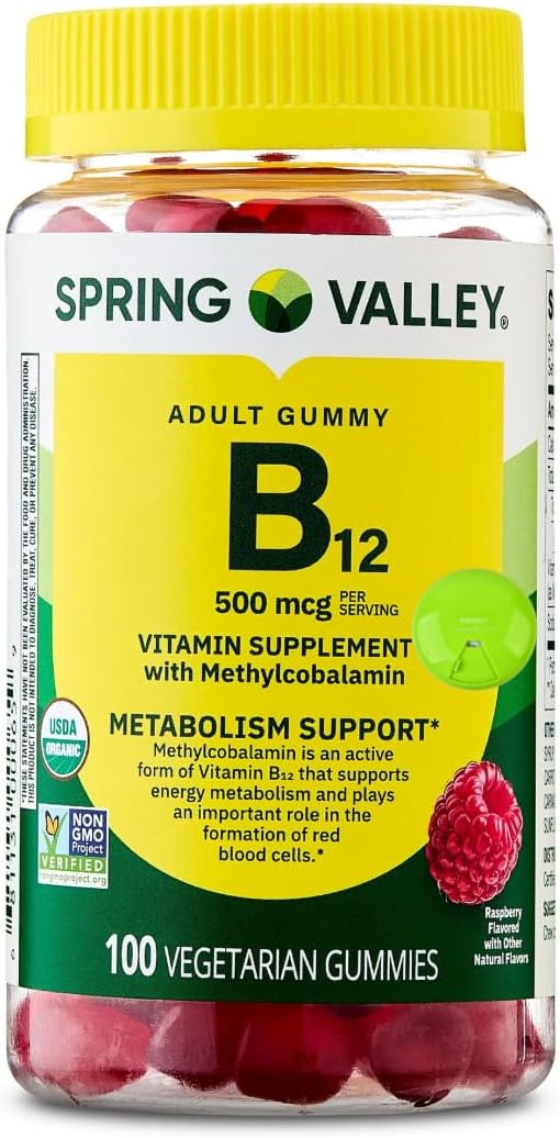 Spring Valley Vitamin B12 500mcg (as Methylcobalamin) - Raspberry Flavor - 100 Vegetarian Gummies - Energy & Metabolism Support with SUREFECT Organizer.