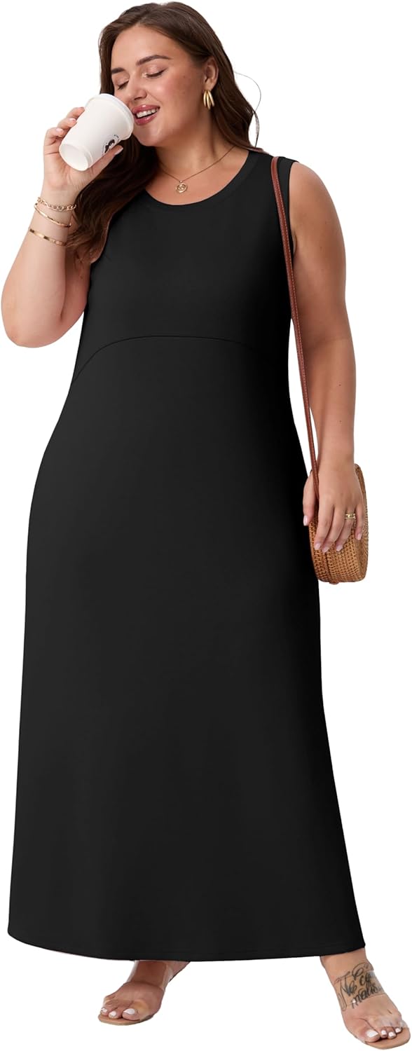OLRIK Plus Size Maxi Dress for Women Summer Casual Sleeveless Long Sundress with Pockets Elegant Empire Waist - Image 5