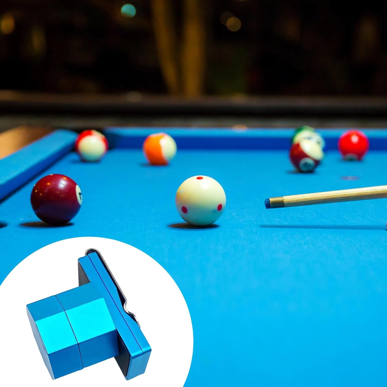 Octagon Design Pool Chalk Holder, Blue Aluminum Clip With Strong Box, Anti-Slip Grooved Top, For Billiards