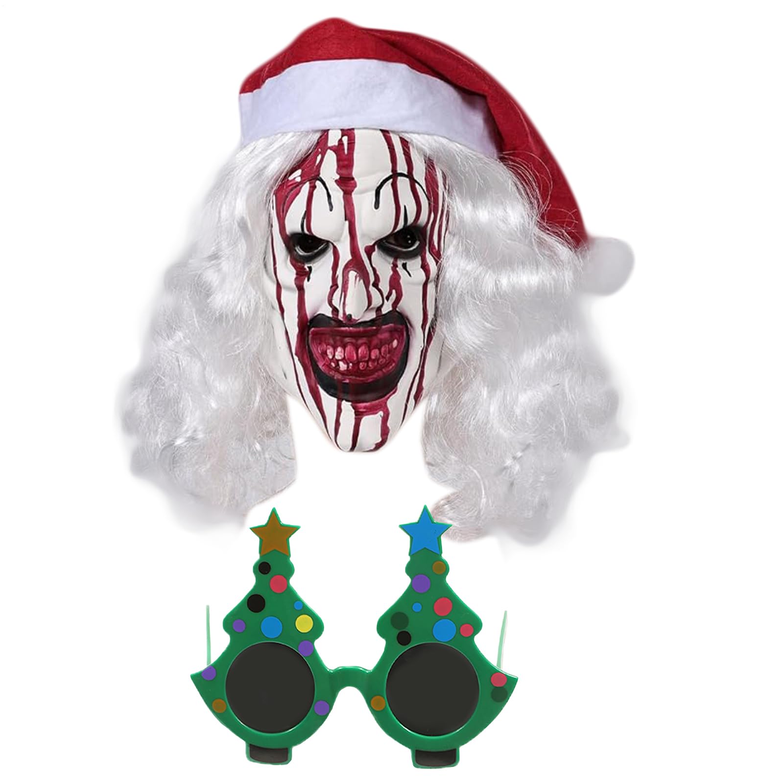 Máscara de payaso de Navidad, cubierta facial de terror con gafas, accesorios de disfraz de Navidad, accesorio de terror, con colores brillantes para fiestas temáticas de terror