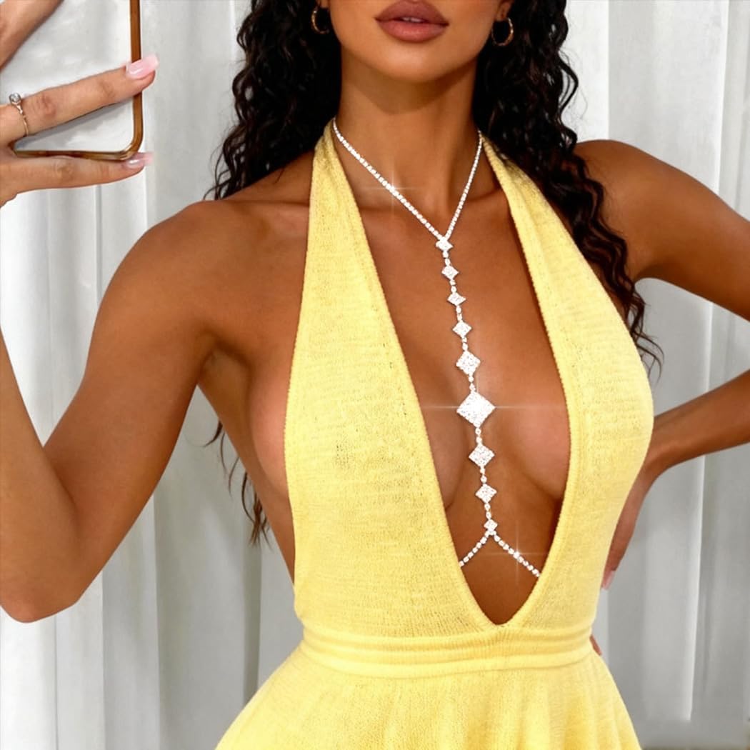 Tgirls Rhinestone Bra Body Chain Silver Sexy Chest Bikini Body Chains Summer Beach Crystal Belly Waist Chains for Women