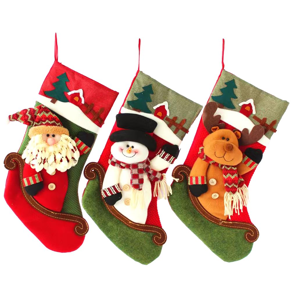 18" Christmas Stocking Classic Large Stockings Santa, Snowman, Reindeer Xmas Character Plush Personalized Christmas Stocking for Family Holiday Christmas Party Decorations 3PCS (A)
