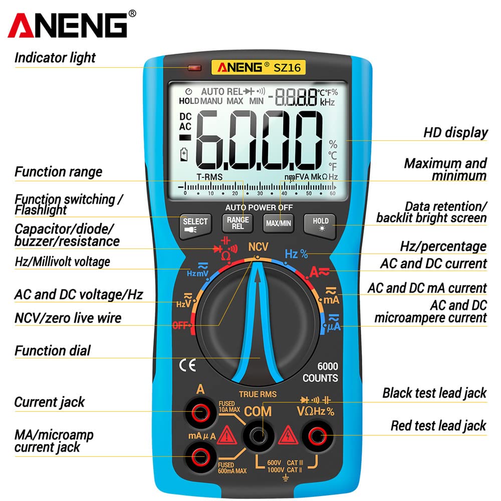 SZ16 Multimetro Digitale Condensatore a Transistor Fai-da-Te Rilevatore NCV Misuratore LCR 6000 Tester analogico AC/DC a Vero Valore Efficace Professionale - Blu