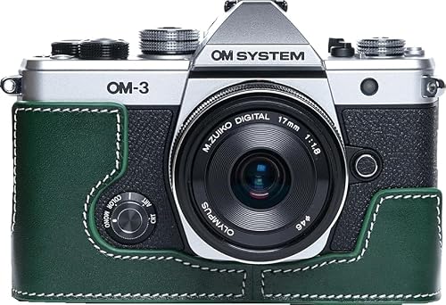 OM-3 Camera Case, BMAOLLONGB Handmade Genuine Real Leather Half Camera Case Bag Cover for Olympus OM-3 OM3 Camera Bottom Opening Version + Hand Strap (Green)