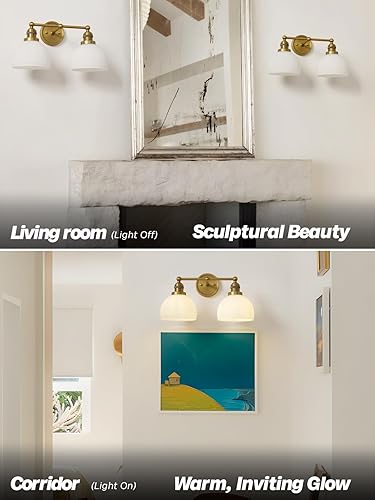Miniatura 6 de Aplique de pared dorado de 2 luces, aplique de pared vintage para baño, con vidrio de leche, doble brazo de latón, lámpara de tocador para sala de