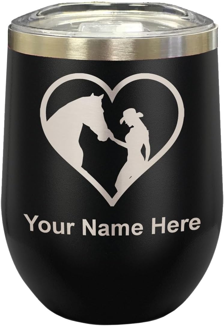 LaserGram 16oz Double Wall Stainless Steel Wine Glass Tumbler, Horse Cowgirl Heart, Personalized Engraving Included (Black)