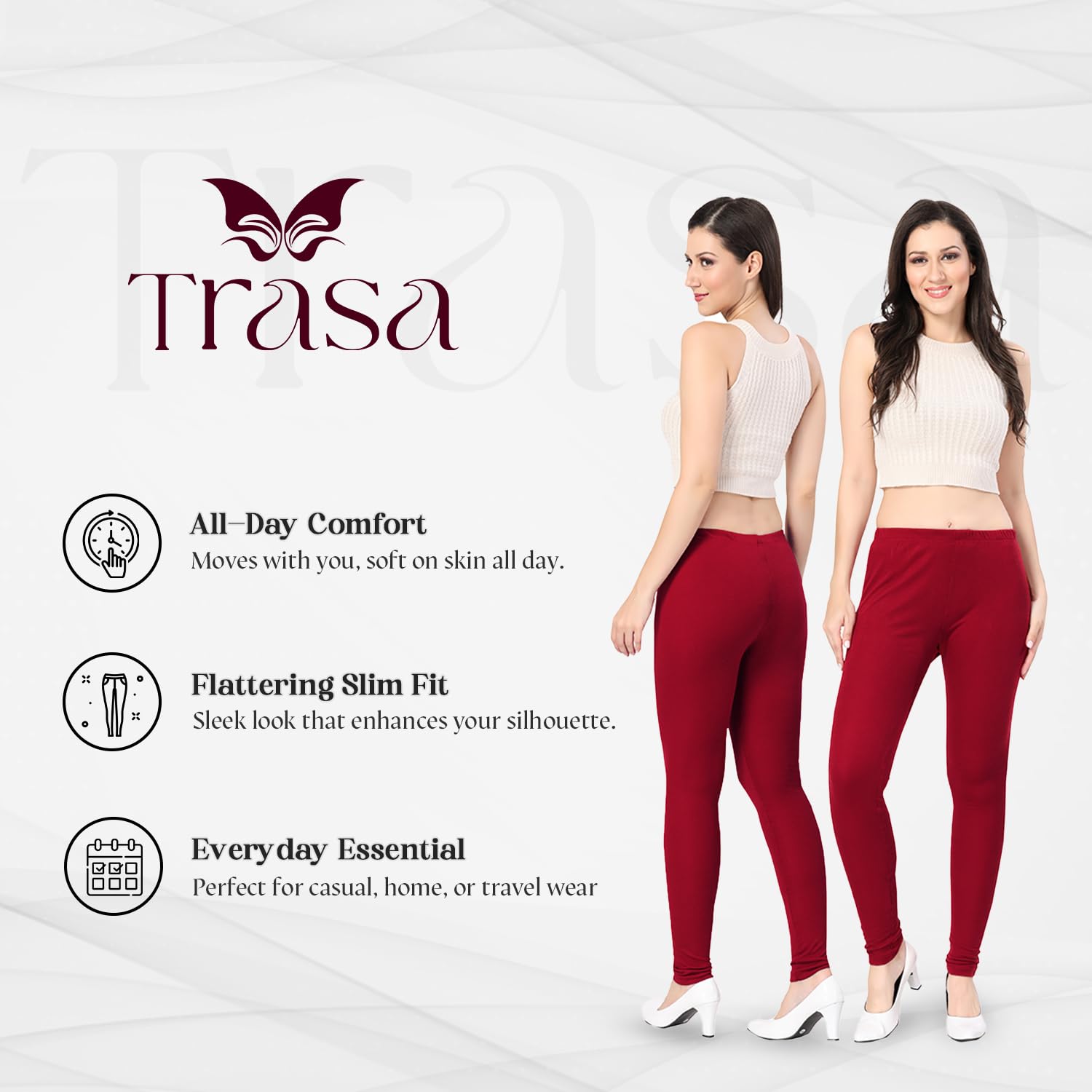 TRASA Women's Slim Fit Ultra Soft Cotton Churidar Leggings - Maroon, Size :- Medium