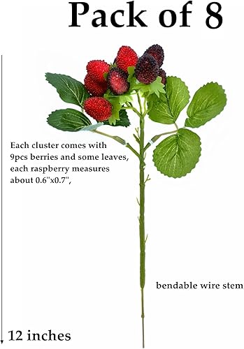 Miniatura 7 de M2cbridge 4 piezas artificiales de frambuesa roja baya, fresa, fruta sintética, decoración de mesa (rojo con negro)