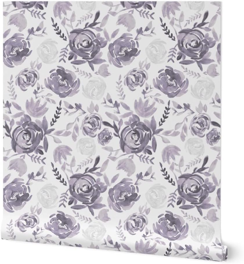 Spoonflower Peel & Stick Wallpaper 3ft x 2ft - Soft Gray Purple Watercolor Peony Botanical Garden Flowers Custom Removable Wallpaper