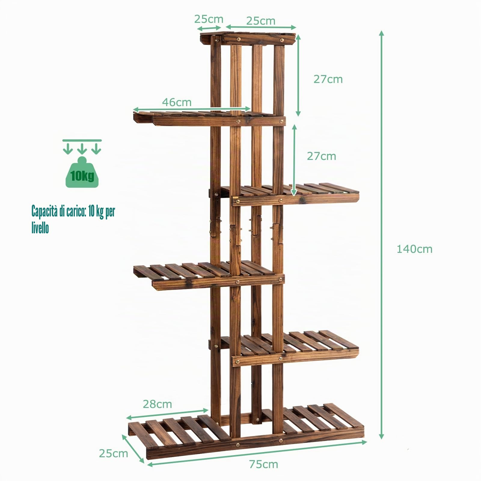 KOMFOTTEU Scala per fiori a 6 ripiani, in legno, resistente alle intemperie, scaffale per fiori multistrato per balcone, giardino, terrazza, 75 x 25 x 140 cm