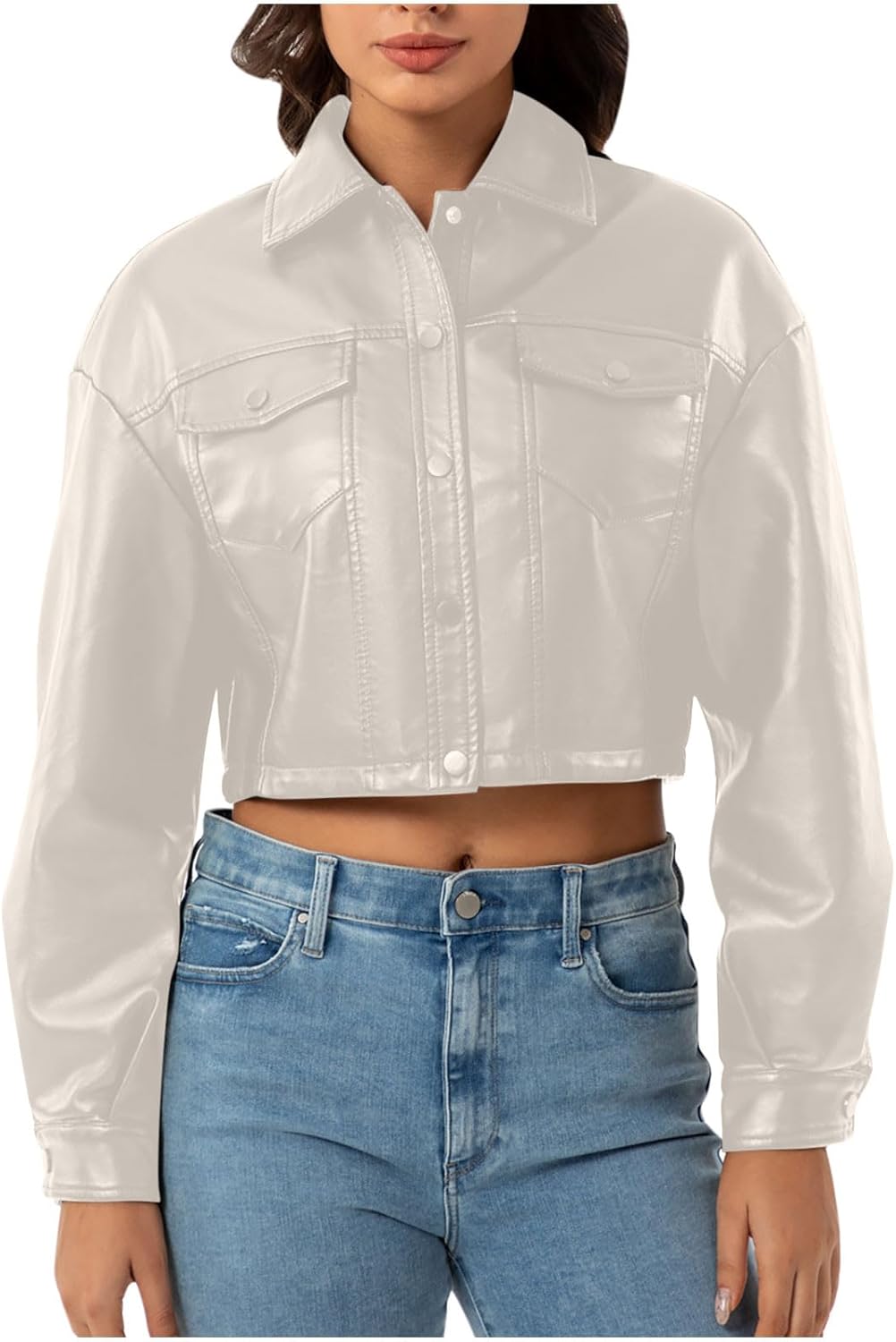 Women's Faux Leather Motorcycle Jacket Trendy Fall Clothes Oversized Long Sleeve Button Lapel Cropped Coat Outerwear