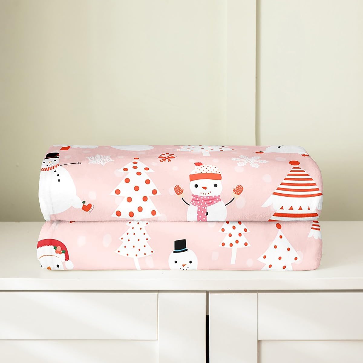 Feelyou Christmas Kids Plush Throw Blanket Cartoon Snowman Bedding All Season Bed Blanket Set for Sofa Couch Christmas Tree Decor Flannel Fleece Blanket Set Pink Dots Xmas Theme Bedroom Twin 60"x80"