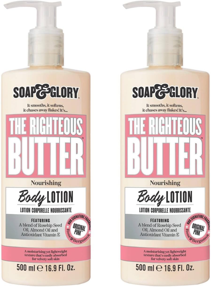 Soap & GloryOriginal Pink The Righteous Butter Moisturizing Body Lotion - Shea Butter, Vitamin E & Aloe Vera Body Moisturizer - Rose & Bergamot Scented Lotion (500 ml, 2 pack)