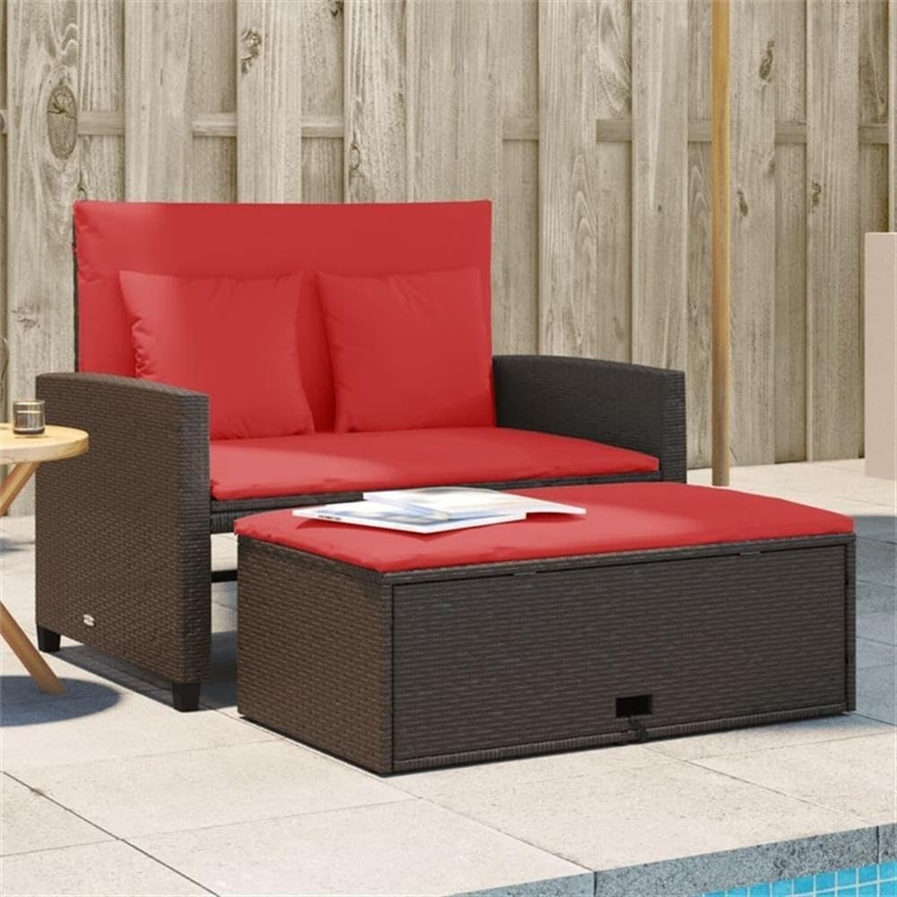 BOWERY HILL Contemporary 2-Seater Poly Rattan Patio Sofa, Brown Frame with Red Cushions, Adjustable Convertible Design for Garden or Terrace, Weather-Resistant Outdoor Furniture with Integrated