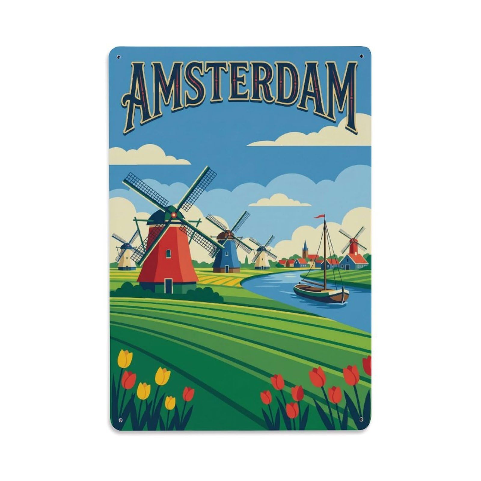 Vintage Travel Windmills Netherlands Countryside Metal Tin Sign