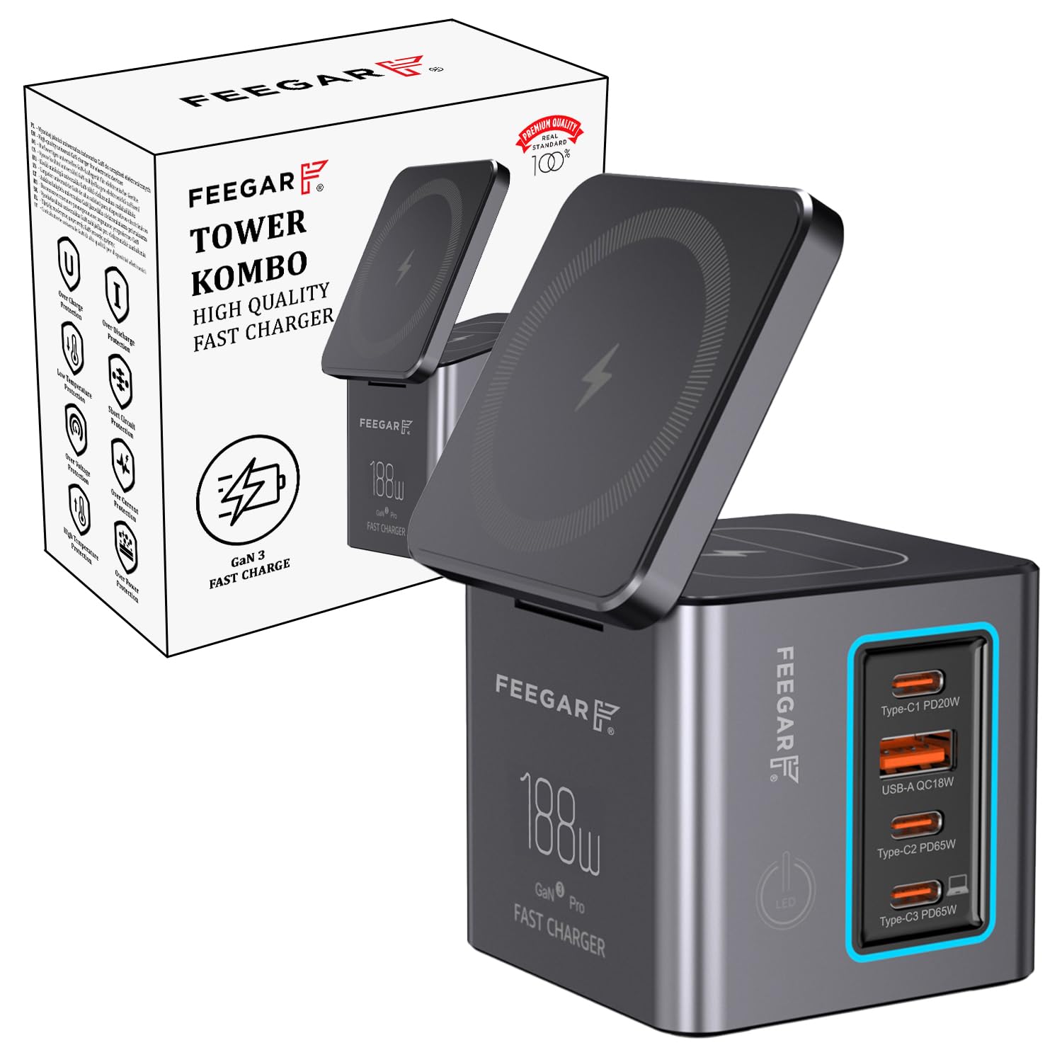 Ładowarka sieciowa USB Feegar Kombo 188W GaN3 Typ-C USB-C PD QC3.0 Indukcja Ładowanie Indukcyjne Pasuje do Samsung, Apple iPhone, Huawei, Xiaomi