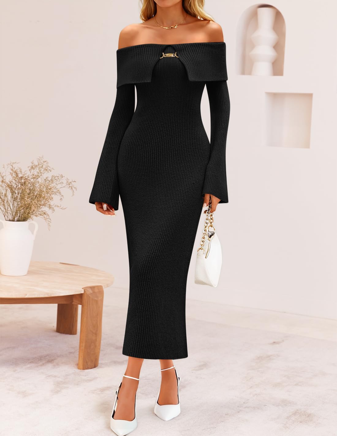 ZESICA Women's Fall Off Shoulder Sweater Dress 2025 Bell Long Sleeve Ribbed Knit Bodycon Formal Maxi Dresses - Image 2