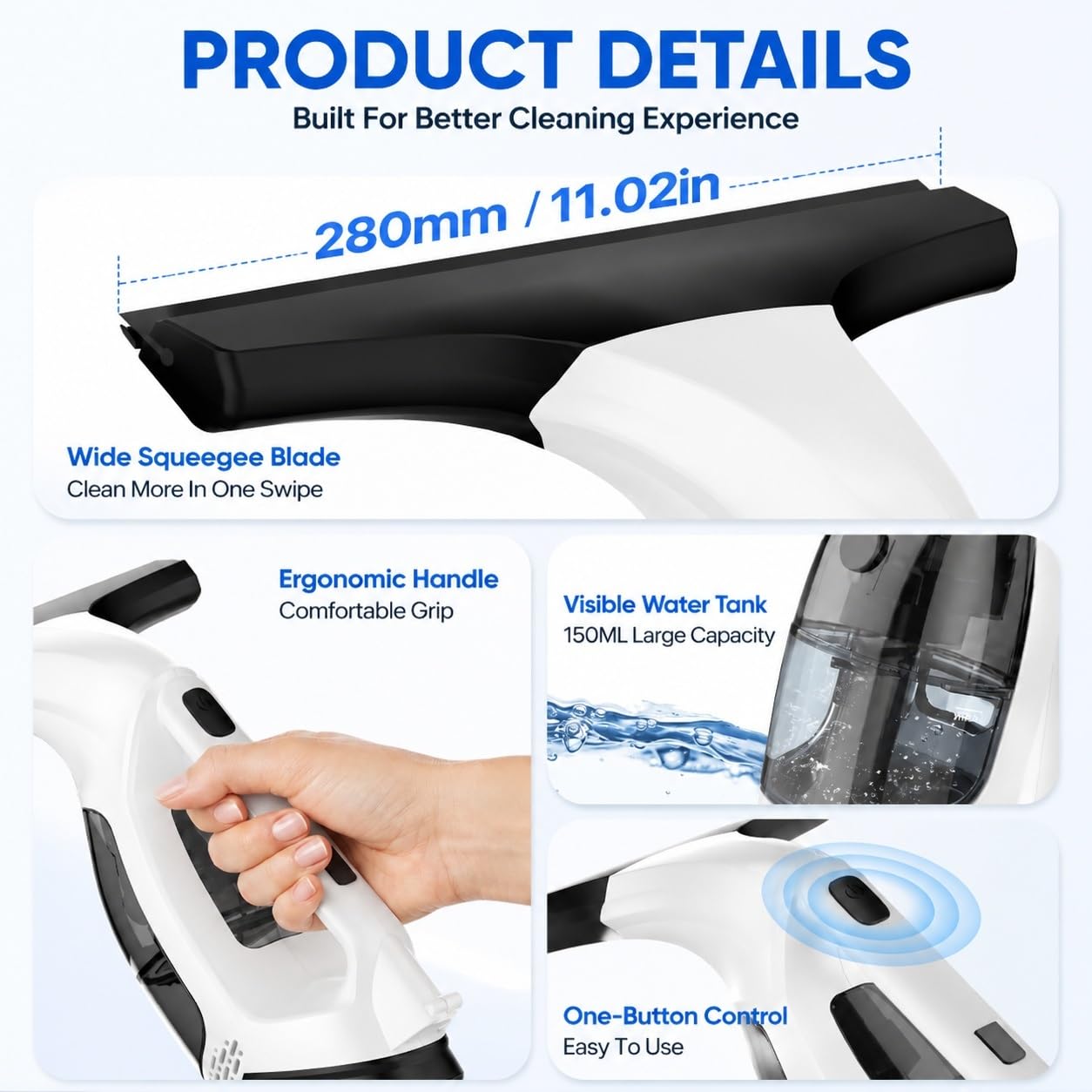 Lavavetri Elettrico Senza Fili, Pulitore Vetri con Aspirazione Acqua 2200mAh, Tergivetro Ricaricabile Anti-Aloni, Per Finestre, Bagno, Auto e Superfici Lisce