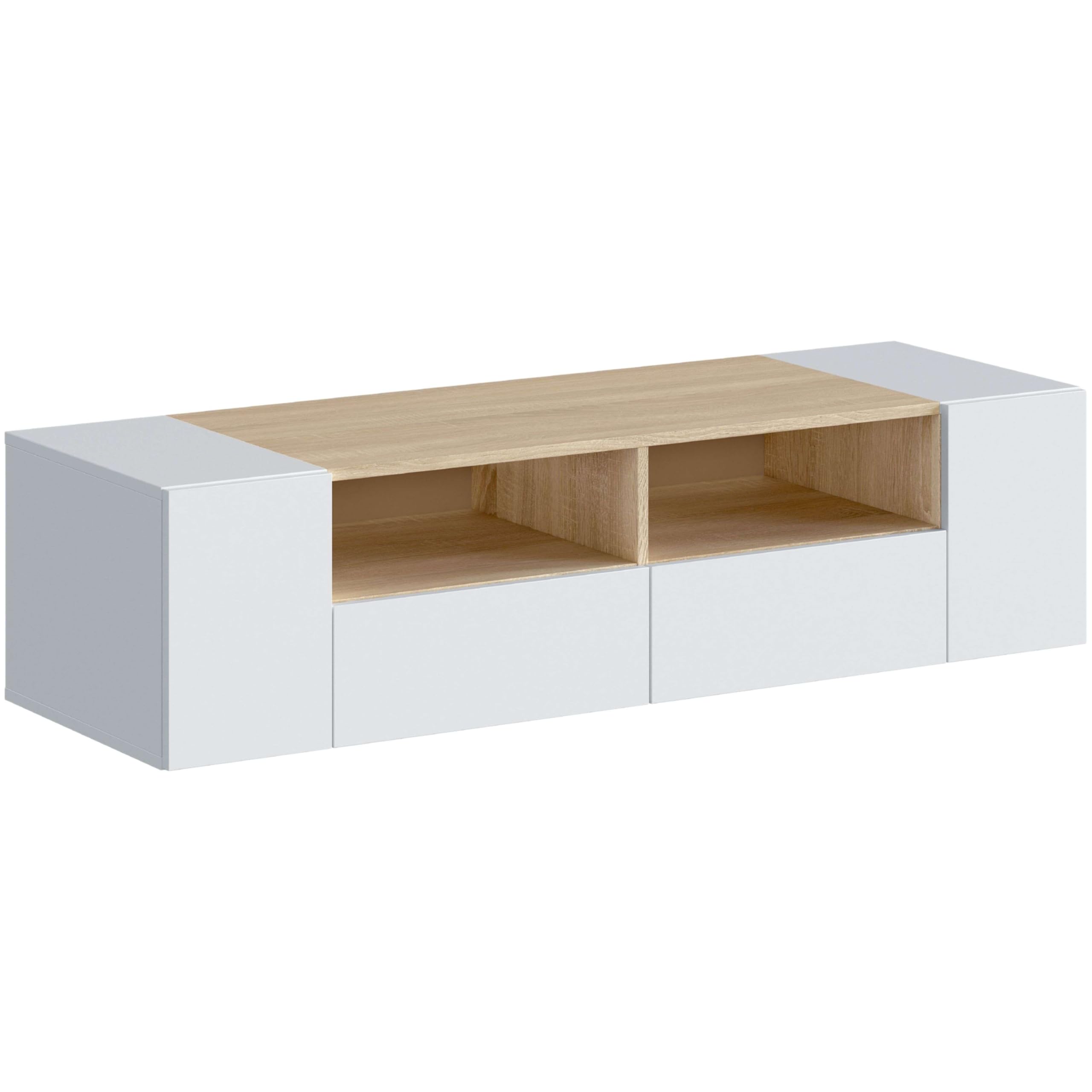 Habitdesign Modulo TV, Mueble de Salon, Juego de Muebles, Modelo Tamiko, Acabado en Blanco Artik y Roble Canadian, Medidas: 138 cm (Largo) x 42 cm (Fondo) x 36 cm (Alto)
