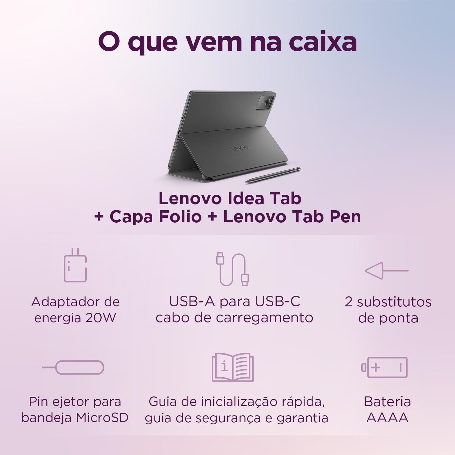 Contents of the Lenovo Idea Tab box including tablet, pen, case, charger, and documentation
