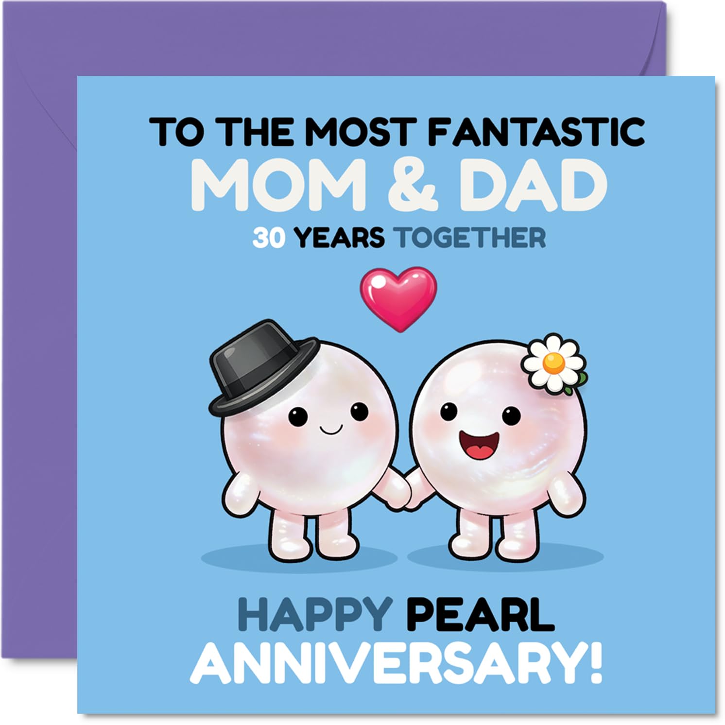 Cute 30th Anniversary Card for Mum & Dad - Adorable Pearl Duo Celebrates Three Decades - Cheerful Blue, Pink and White Design - 145mm Square, Envelope Included
