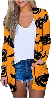 Tsamuo Halloween Cardigans for Women Casual Pumpkin Print Long Sleeve Open Front Lightweight Cardigan with Pockets