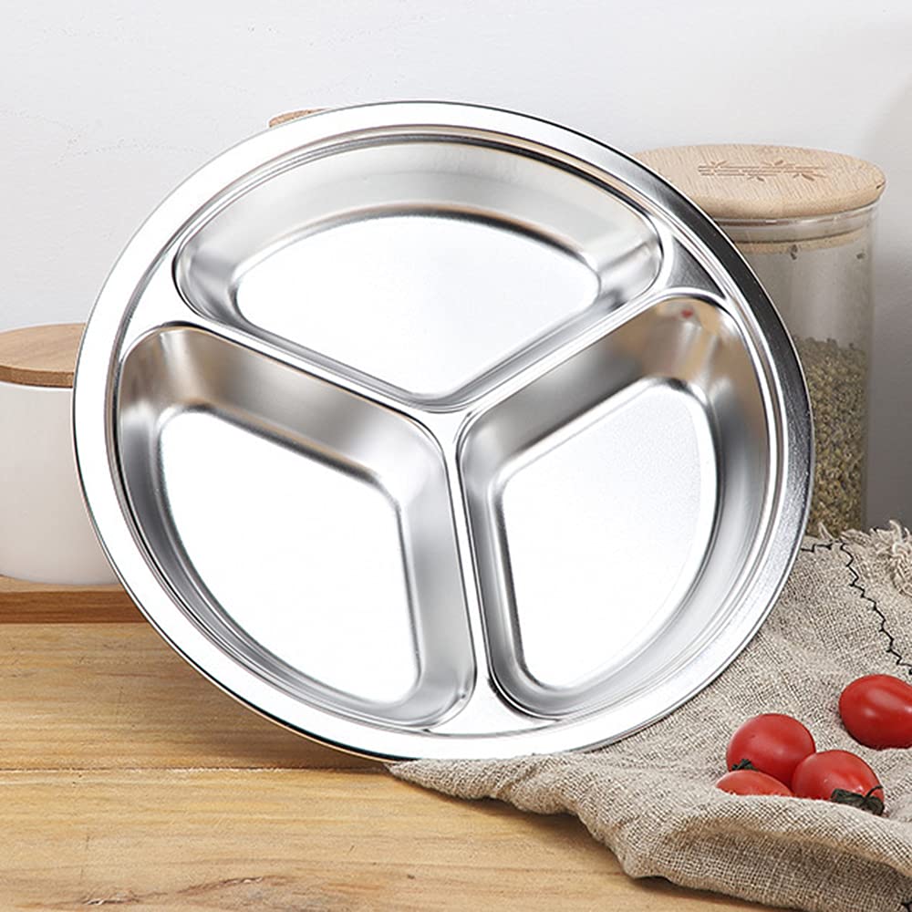 Plato dividido redondo de acero inoxidable 304, 3 secciones, platos de cena reutilizables, bandeja de control de alimentos, platos de camping, 3 piezas