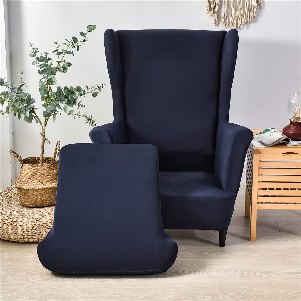 Copripoltrona Con Orecchie 2 Pezzi + Copri Pouf | Tessuto Elastico Lavabile | Per Poltrone 70-100 Cm | Foglie Blu