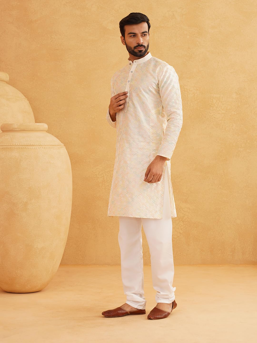 Sojanya (Since 1958 Men's Silk Blend Cream Kurta With Multi Color Embroidery