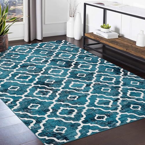 GlowSol 8x10 Area Rug for Living Room Washable Rug Modern Trellis Farmhouse Neutral Geometric Low Pile Water Repellent Non-Slip Soft Rug for Dining Room Bedroom Teal
