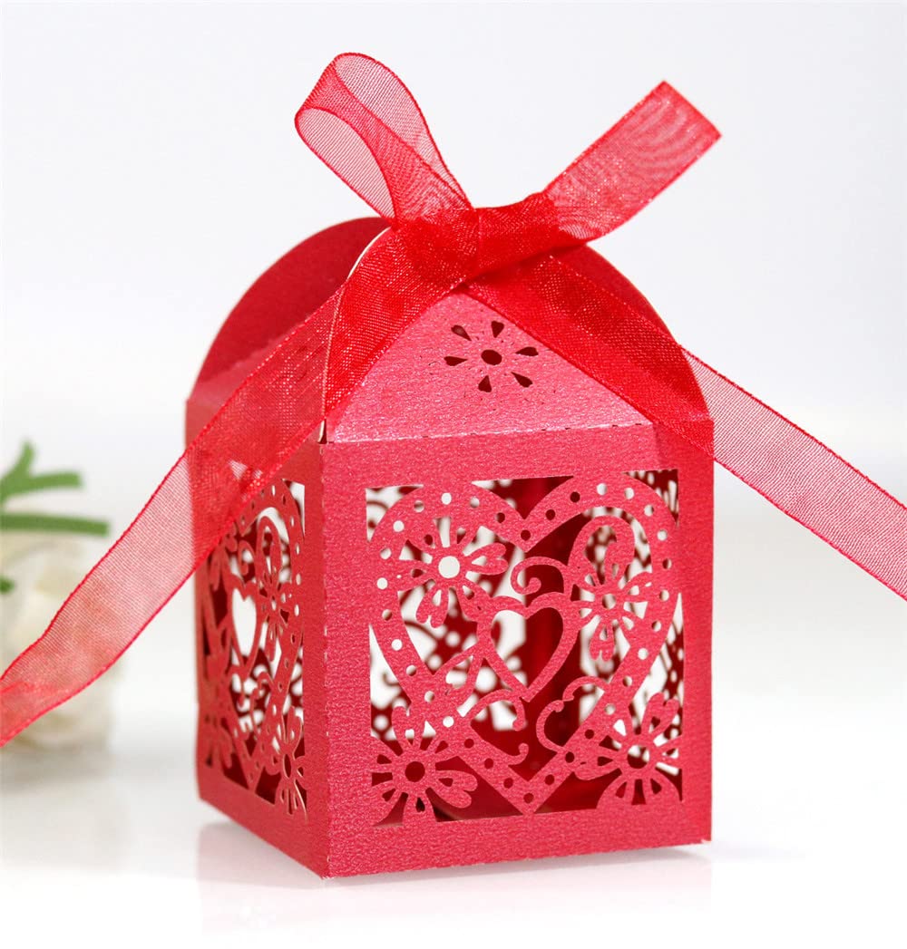 Szczęśliwe pudełko z cukierkami Pudełka na upominki weselne Papierowe pudełko na słodycze Puste pudełko upominkowe z motywem miłości na ślub panny młodej Baby Shower Christmas Party 50 szt. (Kolor: Ro
