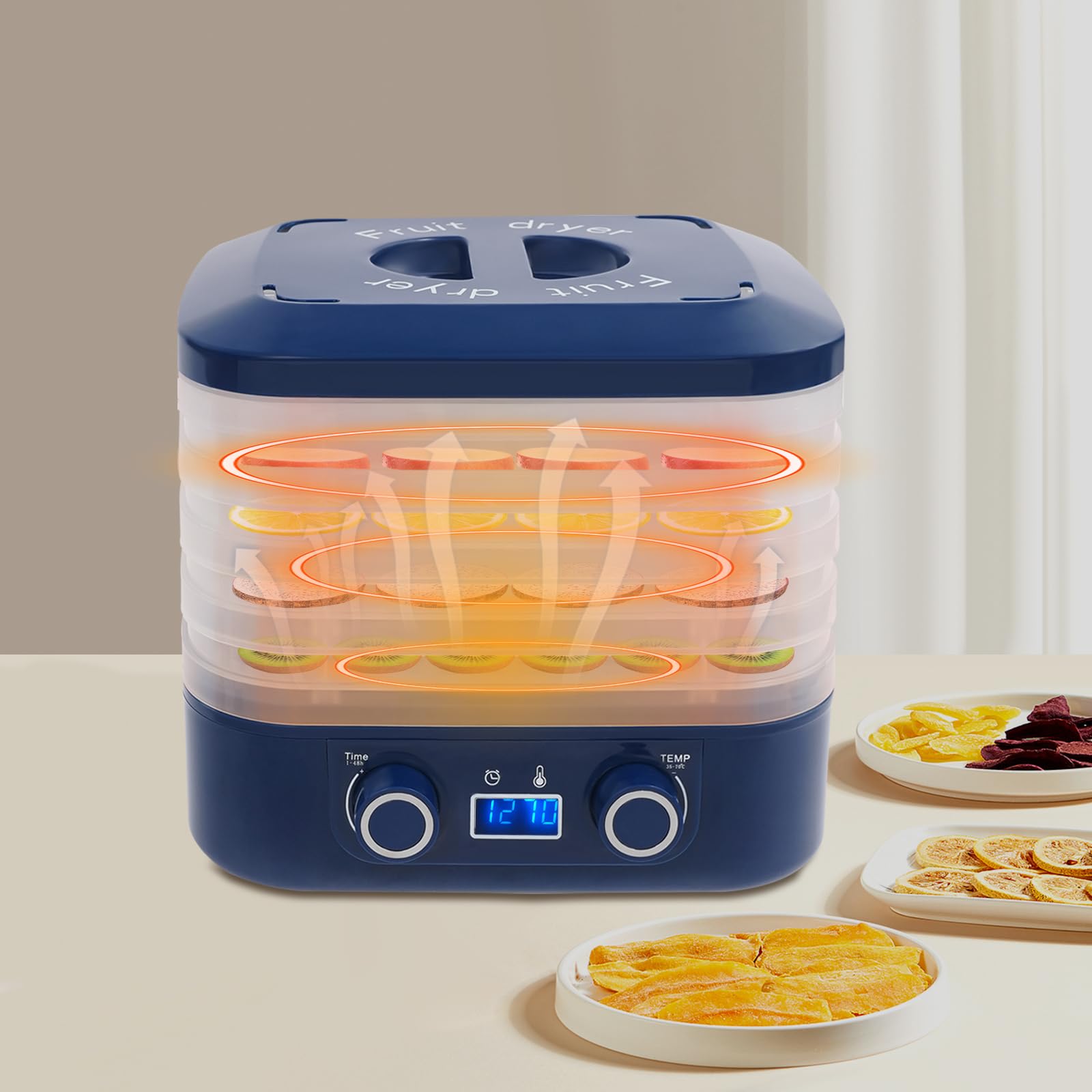 Suszarka do żywności, suszarka do żywności, odwadniacz z 5 wkładanymi półkami, 35-70°C, timer 48 h, do żywności, mięsa, owoców, grzybów (niebieski)