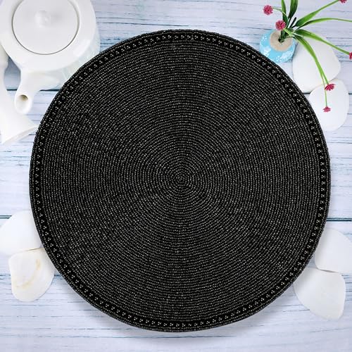Beaded Round Placemats - Beaded Table Mats with Polyester Backing for Dining Table, Wedding, Christmas, Holiday, Party Decor - Handmade Glass Bead Charger 13" (Black) - ALPHA Living HOME by Alpha Living Home - Image 4