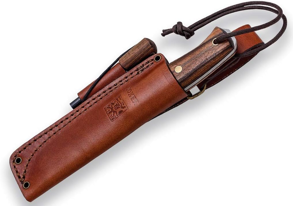 Joker Survival Knife CN123-P Ember Flat, 4.13 inches Blade of SANDVIK 14C28N Steel, Black Leather Sheath includes, Paracord 550 Included, Tool for Fishing, Hunting, Camping and Hiking (Walnut Wood, Leather Sheath + FireStarter)