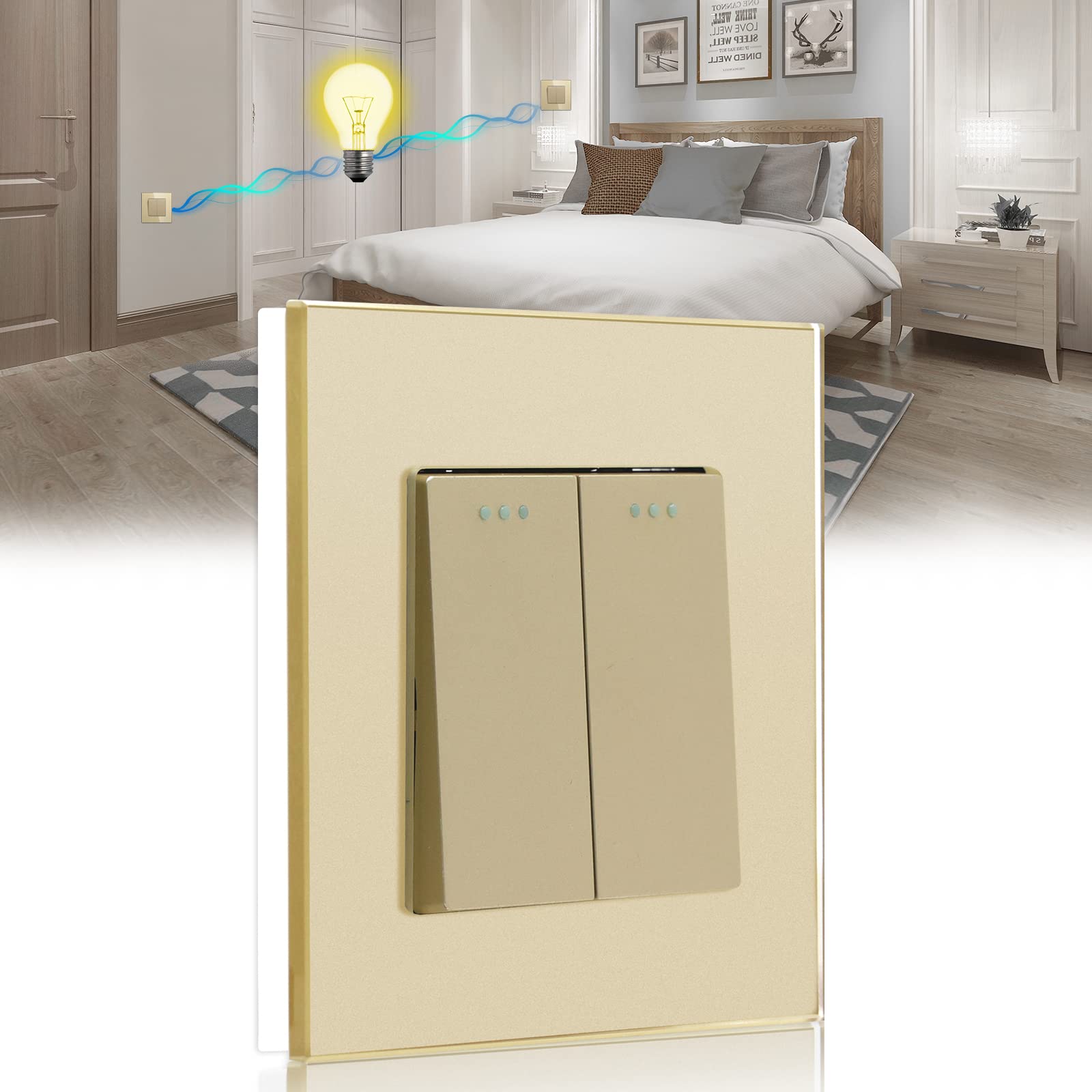 BSEED Light Switch 2 Gang 2 Way Glass Light Switches Screwless 10A Rocker Tactile Wall Switch Gold Crystal Toggle Switch — image 1
