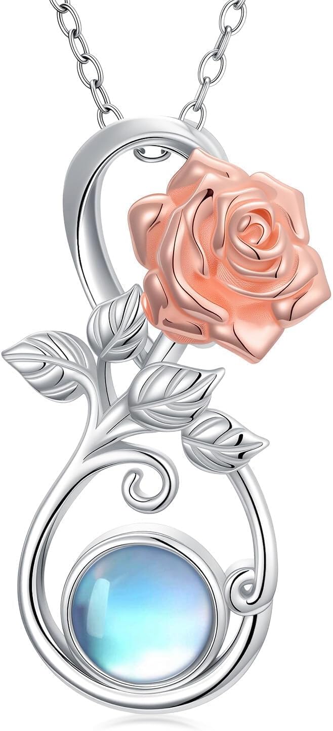 Rose Flower Necklace for Women 925 Sterling Silver Moonstone Rose Flower and Infinity Pendant Ladies Floral Jewelry Gifts