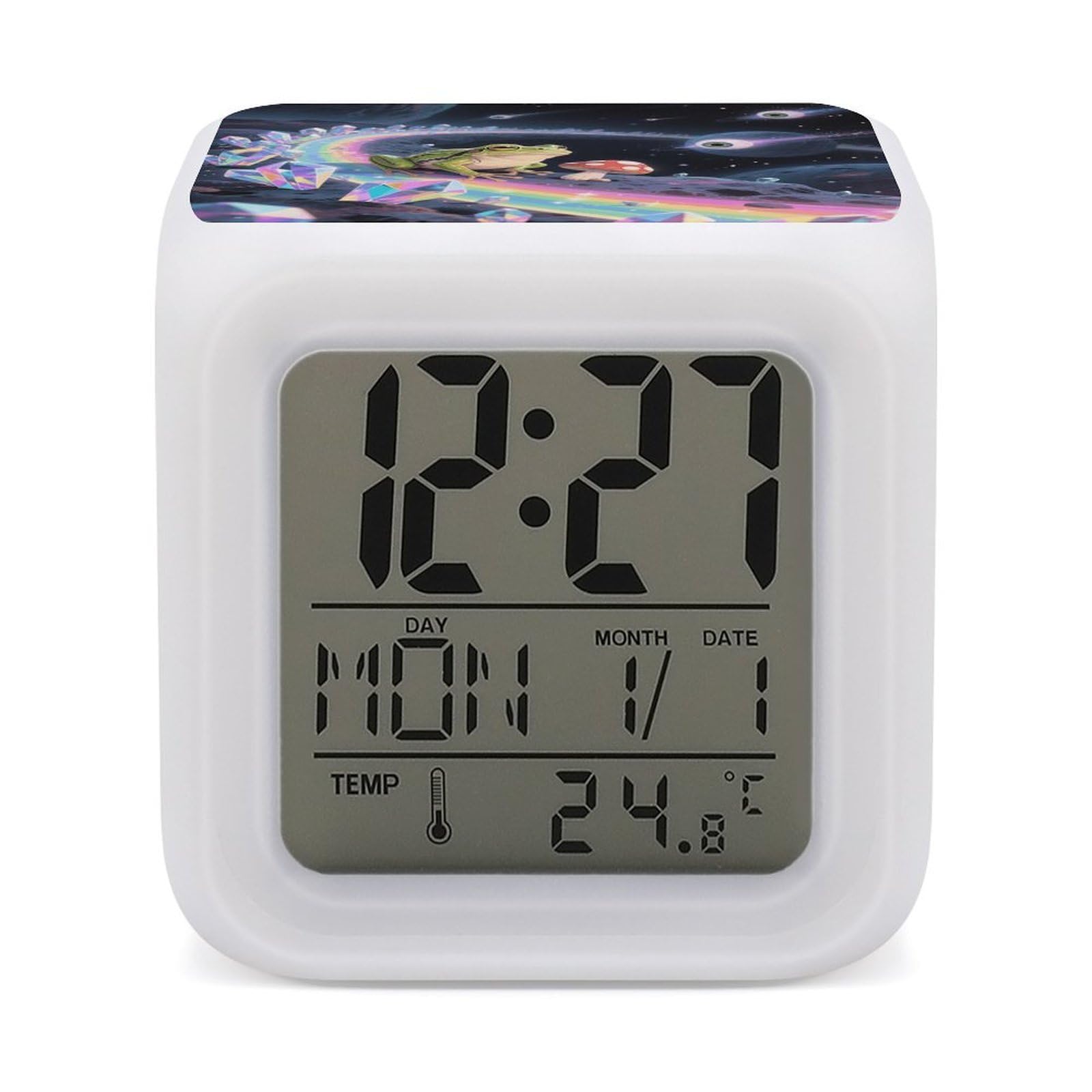 VstaDank Funny Space Frog Mushroom Alarm Clock with Date Temperature Large LED Display Number Clocks with 7 Colors Changing Desk Clock Battery Operated Digital Clocks with Date for Heavy Sleepers