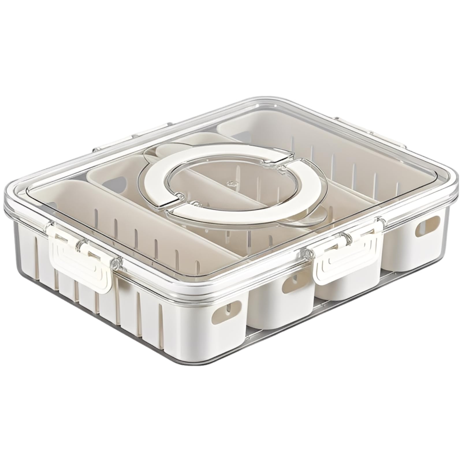 Snackle Box-Behälter für den Kühlschrank, Serviertray mit 4 Fächern aus PET, tragbare Snackbox mit Abtropfschicht, dicht schließende Deckel, 31 x 24 x 7 cm für Küche und Picknick