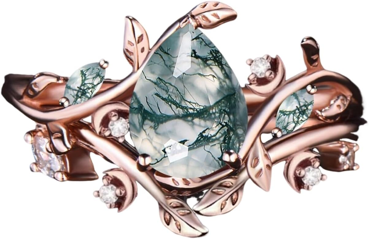10K 14K 18K Rose Gold 2CT Natural Moss Agate Engagement Rings Set for Women 925 Sterling Silver Genuine Moss Agate Leaf Art Deco Bridal Wedding Jewelry(Size 4-15)