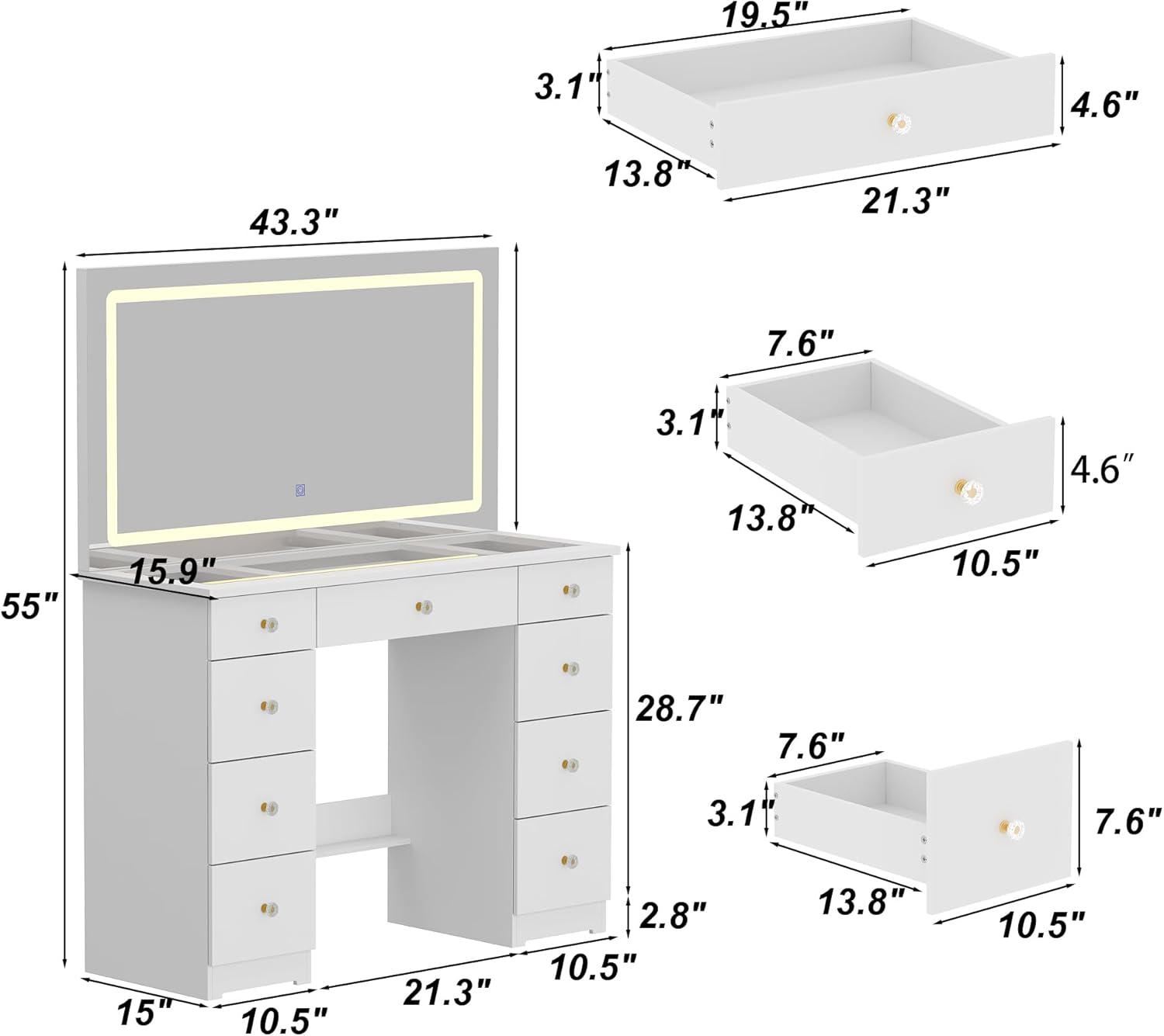 Diagram showing dimensions of the vanity desk and drawers