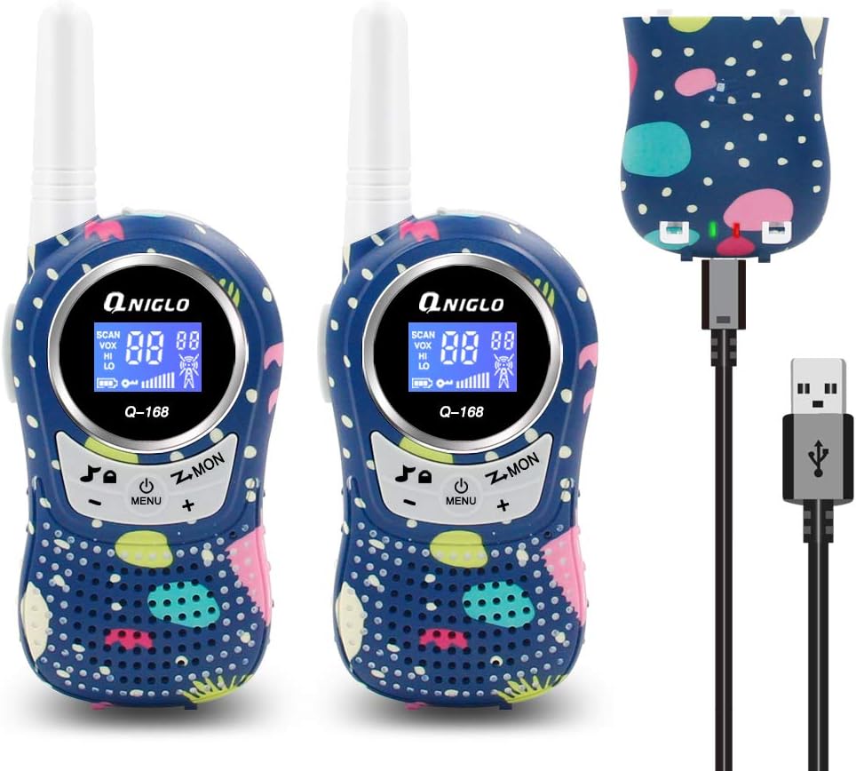 QNIGLO Rechargeable Kids Walkie Talkies, 8 Channels, 2 Mile Long Range, Voice Activated PMR Walkie Talkie Set Built-in Rechargeable Batteries for Girls/Boys/Adults