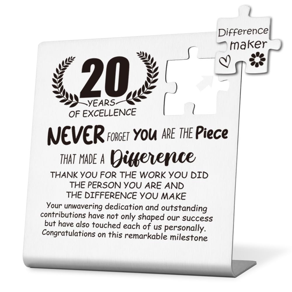 20 Year Work Anniversary Sign Gifts for Employee, 20th Work Anniversary Decor Gifts for Women, Modern Silver Stainless Steel Desk Plaque with Inspirational Quotes, 10 x 10 x 1.5 cm,WLK68