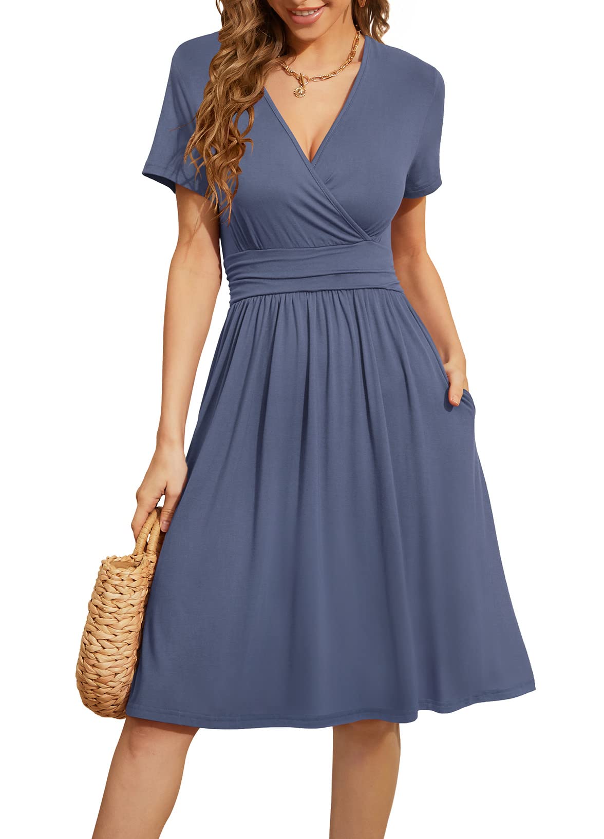 WEACZZY Women's Summer Short Sleeve Casual Dresses V-Neck Floral Party Dress with Pockets