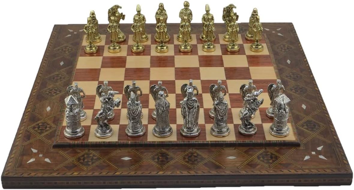 Gold-Silver Ottoman vs Byzantine Figures Metal Chess Set for Adults,Handmade Pieces and Natural Solid Wooden Chess Board, Original Pearl Around Board (Rose)
