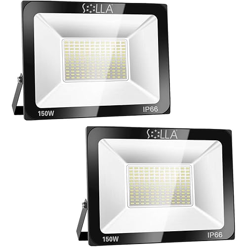 2 Pack SOLLA 150W LED Flood Light, IP66 Waterproof, 12000lm, 800W Equivalent, Super Bright Outdoor Security Lights, 6000K Daylight White, Outdoor Floodlight for Garage, Garden, Lawn and Yard