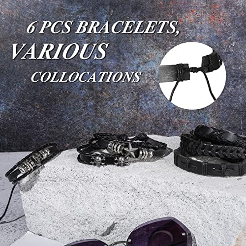BBTO 6 Pcs Black Braided Leather Bracelets for Men Punk Skull Bracelet Rock Mens Wrist Bracelets Adjustable Punk Jewelry for Men Women