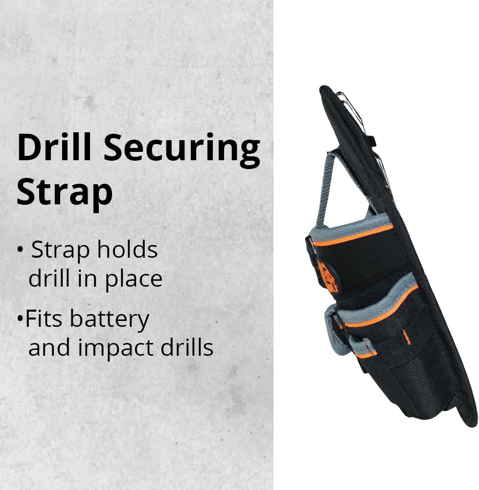 WOLF WTH2107 8 Pocket Heavy-Duty 1680D Ballistic Drill Pouch Bag w/Strap | 3’’ Belt Tunnel Loop & Clip | Battery & Impact Style Drill| Durable Lightweight | Contractor Electrician Maintenance Handyman