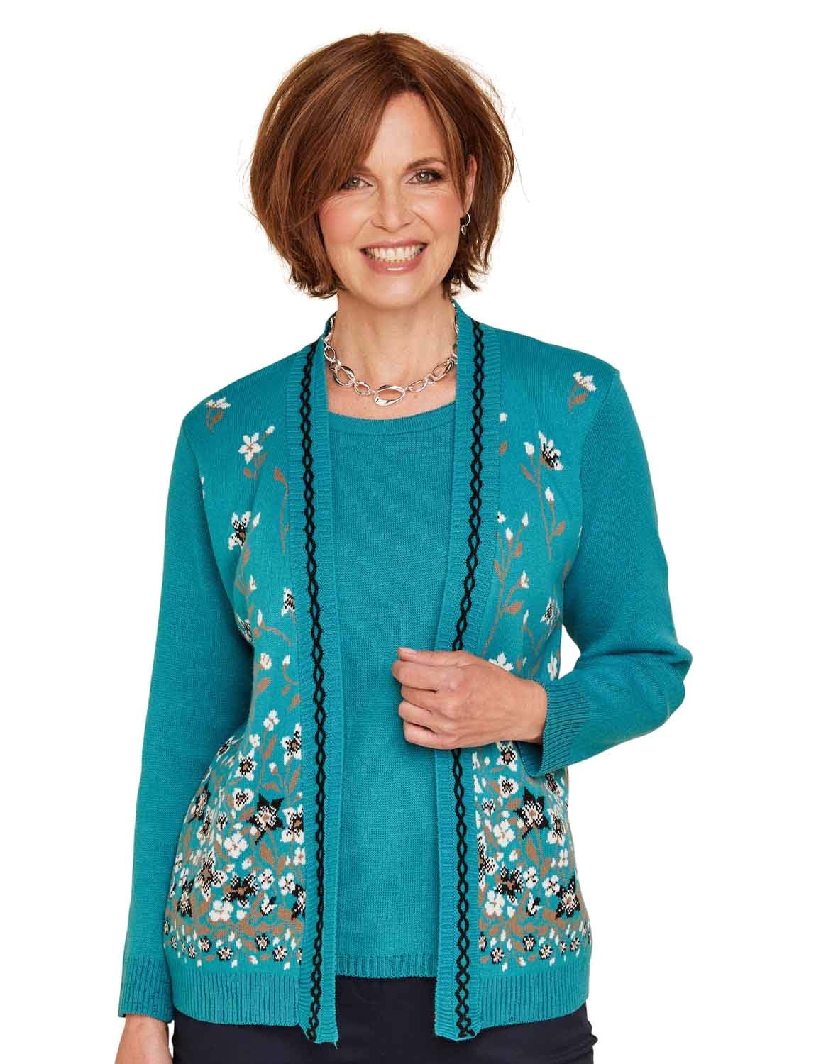 Chums Ladies Floral Jacquard Mock Twin Set Cardigan with Elegant Edge Trim Detail, Comfortable Stretch Fit Teal 18-20