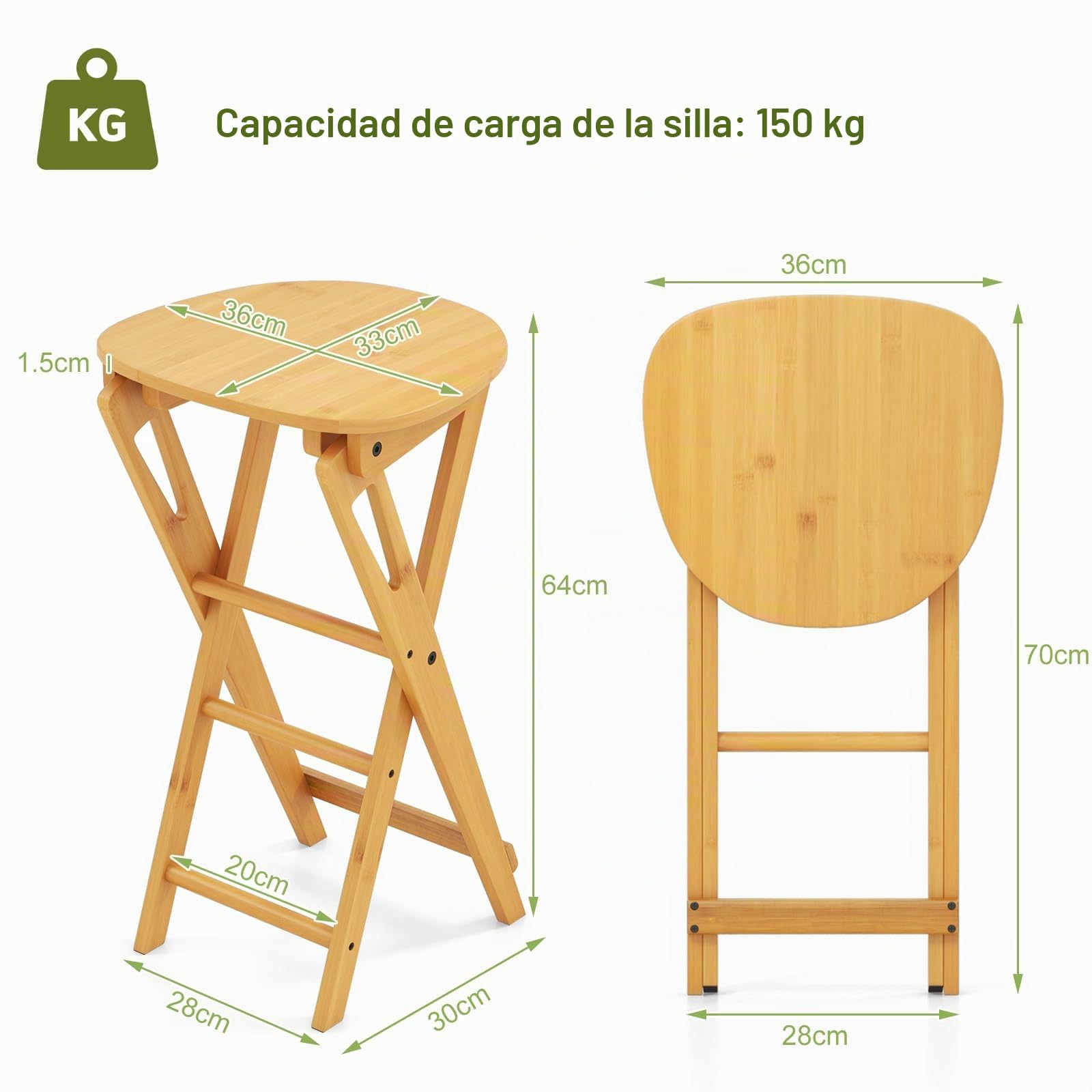 HOMASIS Juego de Taburetes de Bar Plegables, Taburetes de Cocina de Bambú, Taburete Alto con 3 Reposapiés, Silla de Comedor Portátil para Salón, Sin Instalación, Capacidad de Carga 150 kg (36x33x64cm)