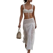 Edhomenn Womens Summer Maxi Skirt Sets Y2k Boho Lace 2 Piece Set Tube Top with Long Skirt Sexy Dress Vacation Beach Outfits